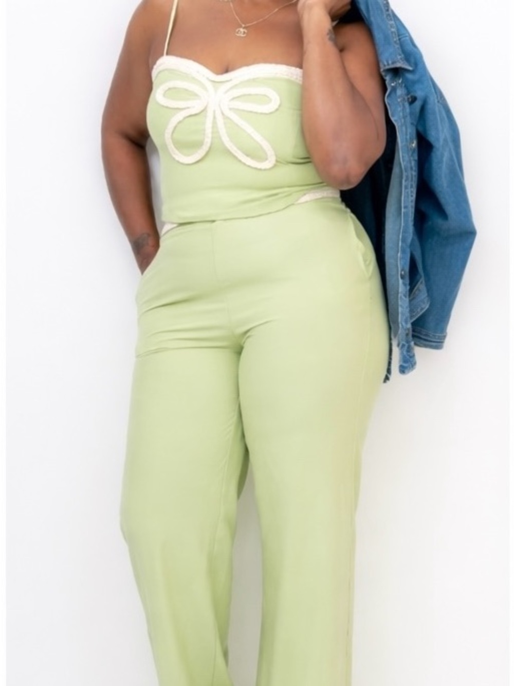 Strapless Wide-Leg Jumpsuit in Light Green with Contrast Trim
